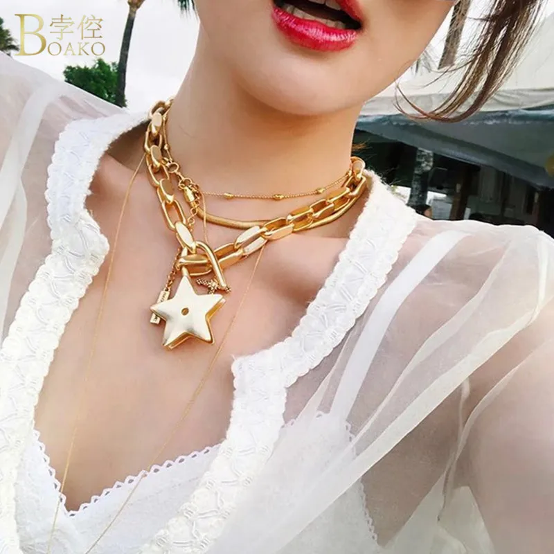 

BOAKO Punk Choker Necklace Exaggerated Thick Chain Necklace Gold Color Stars Necklace European&America Fashion Jewelry collares