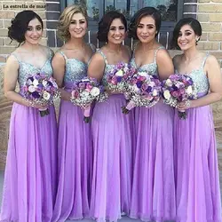 2019 пикантные тонкие бретельки Лавандовое платье подружки невесты длинное серебряное блестящее светло-фиолетовое платье невесты