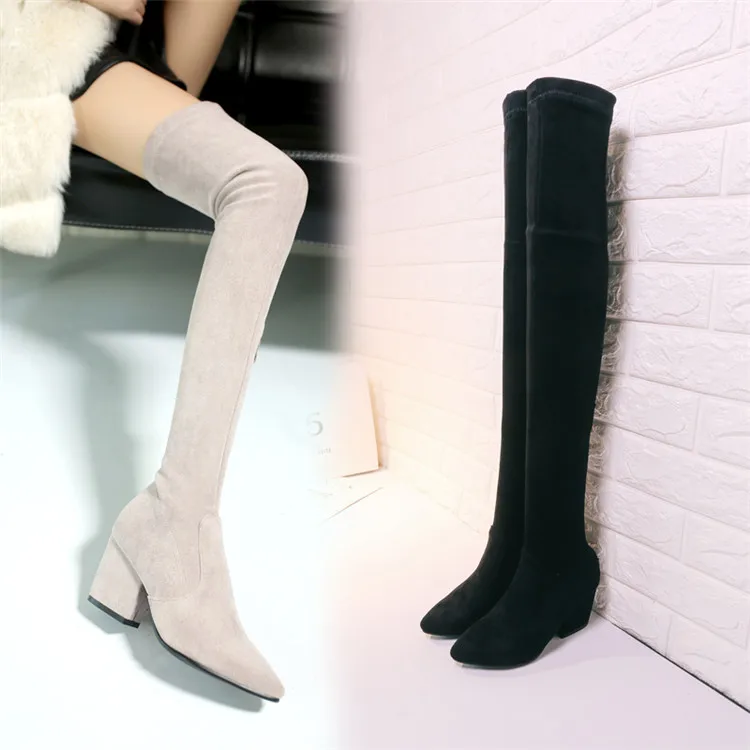 Elissara/женские зимние сапоги; женские ботфорты на высоком каблуке; Модные женские ботфорты до бедра; эластичные высокие сапоги с боковой молнией