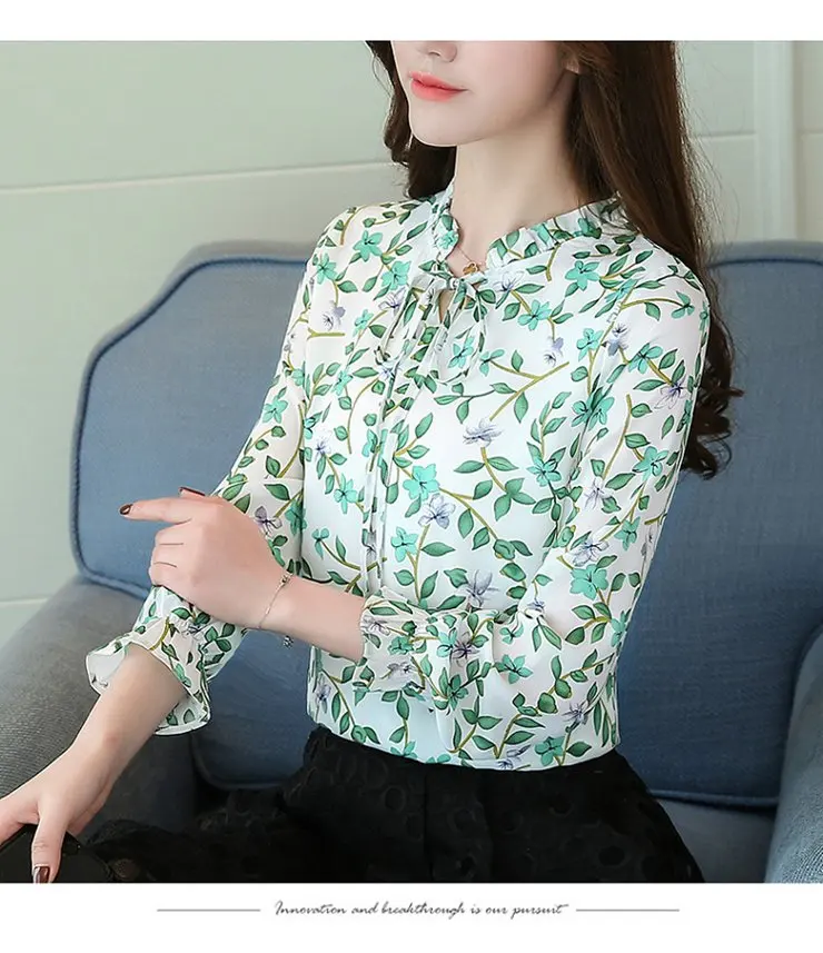 Women Fashion Chiffon Blouses Tops 2018 Autumn Floral