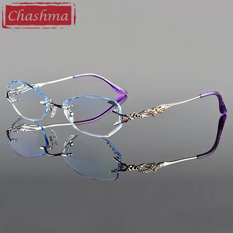 Chashma B Titanium Fashionable Lady Eye Glasses Diamond Trimmed Rimless