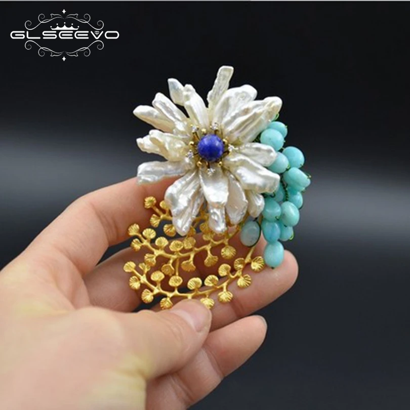 

GLSEEVO Luxury Natural Amazonite White Baroque Pearl Brooches For Women Wedding Gift Pendant Dual Use Fine Jewelry GO0044