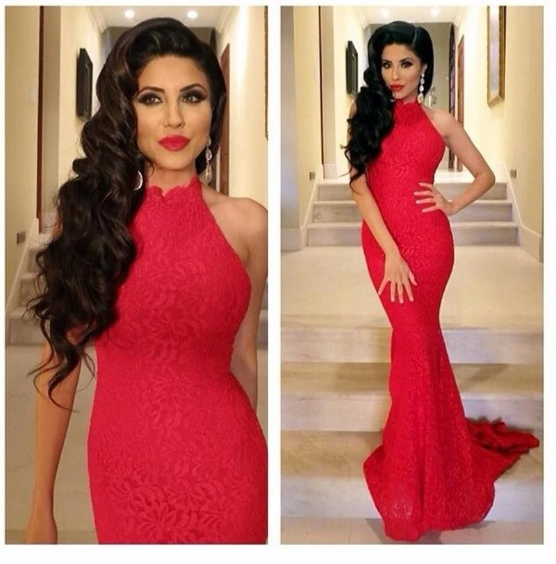 

BrinKina Sexy Halter Neck Red Mermaid Evening Dress Long Lace Robe de Soiree Sweep Train 2019 Evening Gown abendkleider