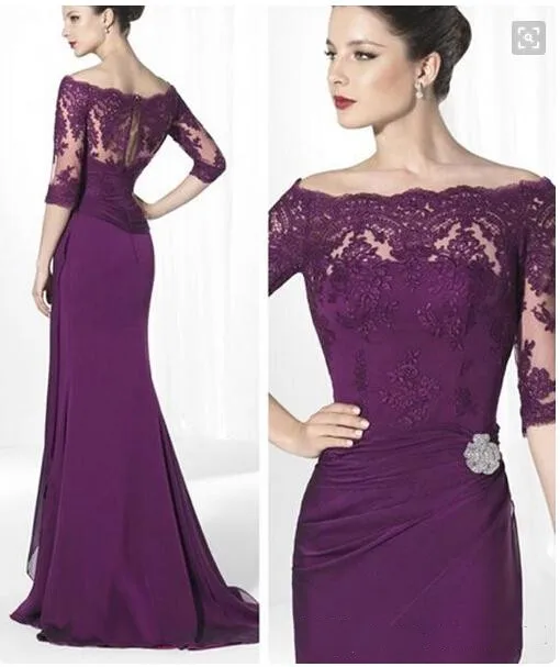 Discount  Formal Purple Lace Mother Of Bride Dresses half Sleeves Off The Shoulder robe de soiree Elegant Cus