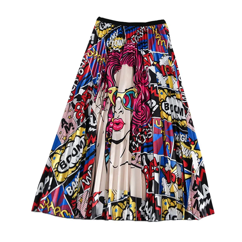 Beste CR Vrouwen Lente Zomer Geplooide Rok Vintage Hoge Taille A lijn Rokken Cartoon Strepen Womens Saia Midi Rokken Jupe Femme Rok