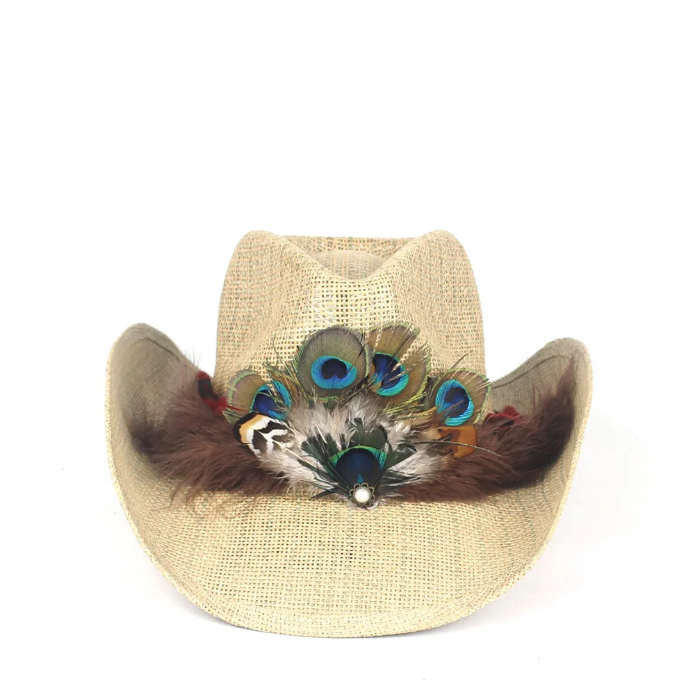 Sombrero de vaquero occidental hueco con plumas de pavo real para Hombre, de paja para playa, Jazz, talla - AliExpress