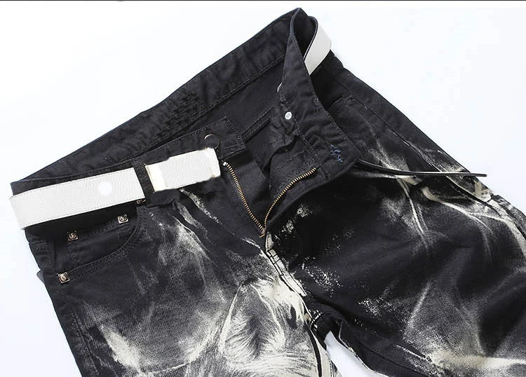 Men's Fashion Wolf Printed Denim Jeans New Spring Summer Slim Black Painted Straight Pants Cool Streetwear Male Long Trousers