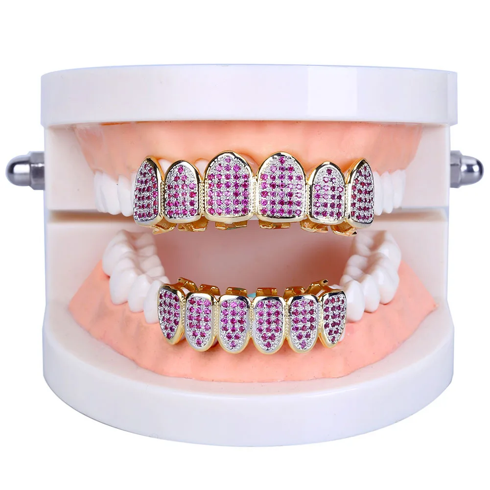 

Hip Hop Iced Out Gold Teeth Grillz Top & Bottom Grills Rhinstone Rose Red Zircon Punk Teeth Cosplay Party Tooth Jewelry Gift