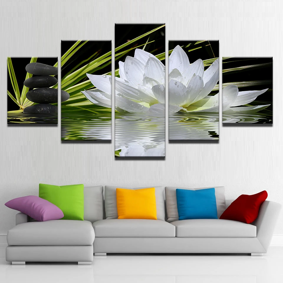 Холст HD принты Картины для Гостиная Wall Art 5 шт. белый лотос камни цветы Плакаты