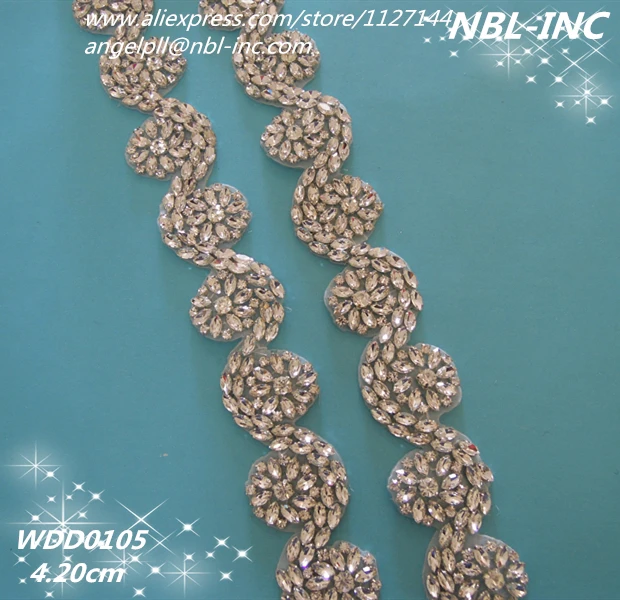 

(10 yards)Wholesale iron on bridal beaded applique silver clear crystal rhinestone trim for wedding dress garment sash WDD0105