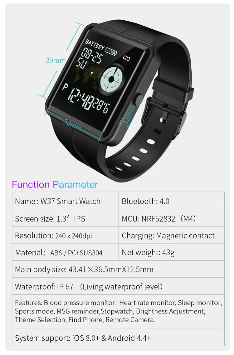 SKMEI W37 Reloj inteligent Women Men Sport Smartwatch Heart Rate Monitor IP67 Waterproof Wristwatch Smart Watch For Androis IOS