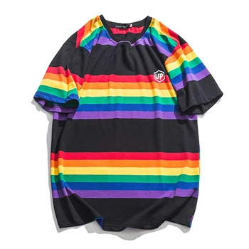 

T-Shirt Men Multicolor Stripe Harajuku Printed Men's Tee Shirts Short Sleeve T Shirt Simple College Style Tees Summer