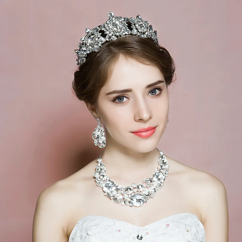 Vintage Princess Brides Tiara Rhinestone Wedding Jewelry Sets Crown