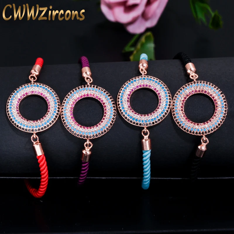CWWZircons Adjustable Size Rose Gold Color Hollow Round Micro Paved Cubic Zirconia Charm Red Rope Bracelets for Women CB040|Браслеты с