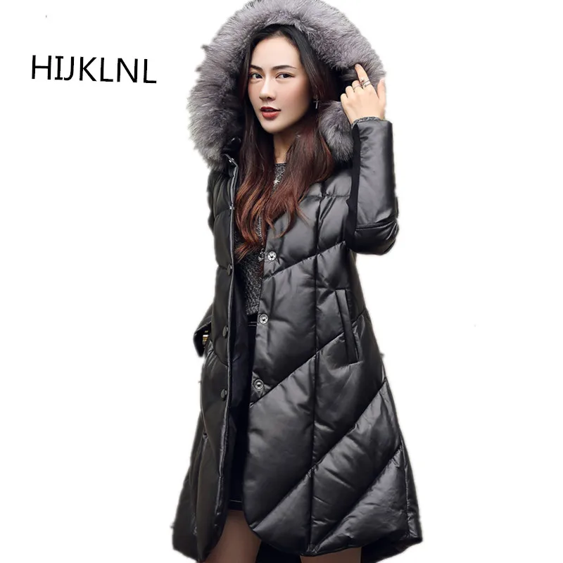 

2019 New Women's Winter Down Jacket Coat Leather Outer Long Section Warm Leather Hooded OUTERWEAR TQ005