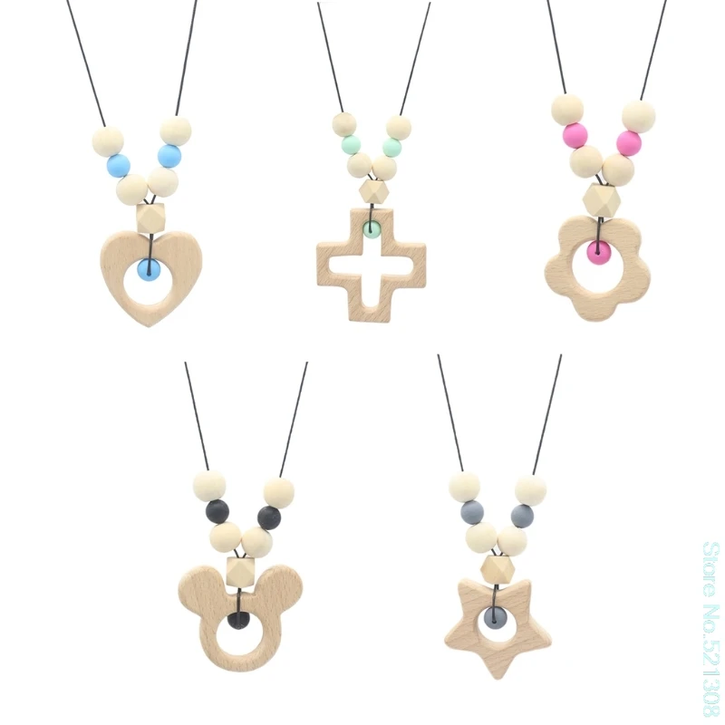 

Baby Lovely Teether Necklace Silicone Wooden Pendant Beads Star Teething Nursing Toys Baby Loves Drop Ship