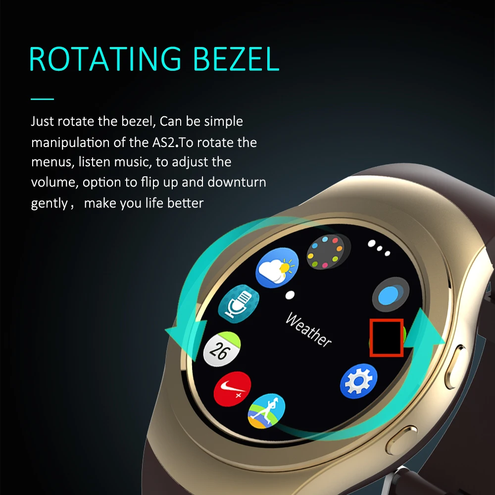

Bluetooth Smart Watch AS2 Full Round Screen Rotating Bezel Smartwatch Heart Rate Sync WhatsApp Message for iOS Android Phone