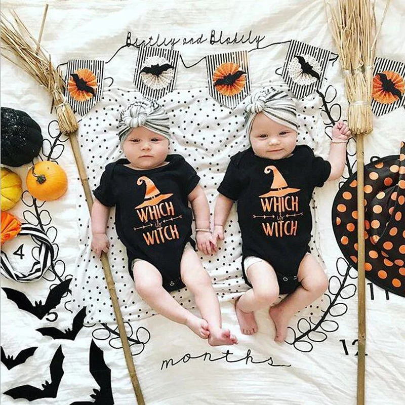 2018 New Arrival Halloween Witch Printed Black Cotton Bodysuit Jumpsuit Baby Boy Girls Costume 4-24 Months
