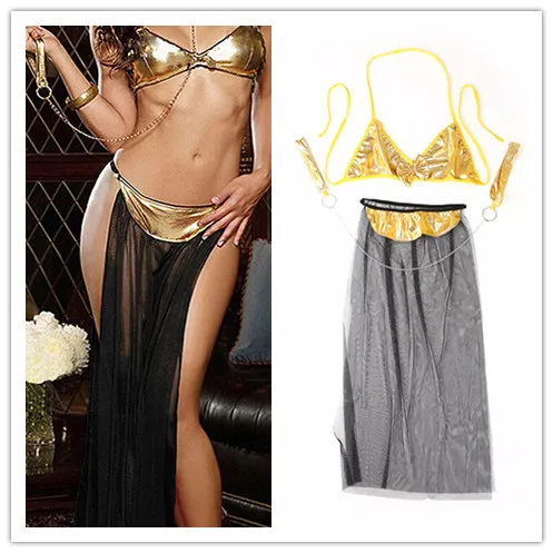 Sexy Lingerie Gold Patent Leather Bra Long Veil Pole Dancing Cloth Set Erotic Lingerie Sexy Belly Dance Costumes 3 Clours