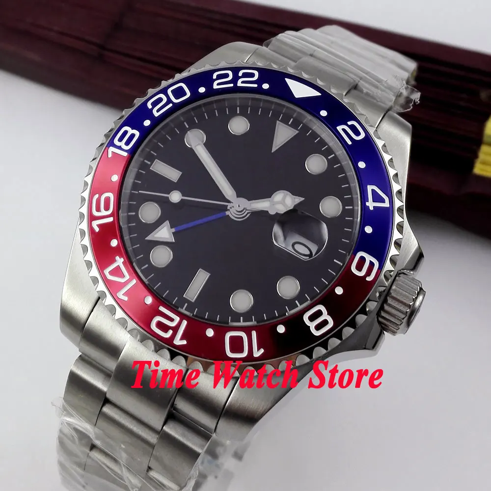 Bliger 43mm Black Sterile dial blue red bezel sapphire glass GMT Automatic movement Men's watch 363 Bliger 43mm Black Sterile dial blue red bezel sapphire glass GMT Automatic movement Men's watch 363