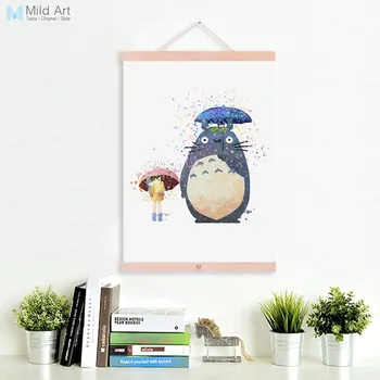 

Watercolor Totoro Japanese Miyazaki Anime Natural Wood Framed Canvas Painting Kids Girl Room Decor Scroll Wall Art Poster Hanger