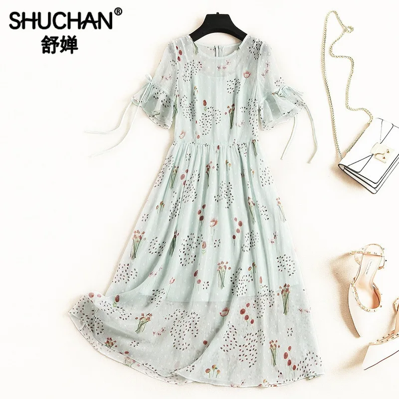 

Shuchan Print Light Green Dress Female Long with A Sleeve Bohemian Butterfly Sleeve O-Neck Medium Length Chiffon Dress F042