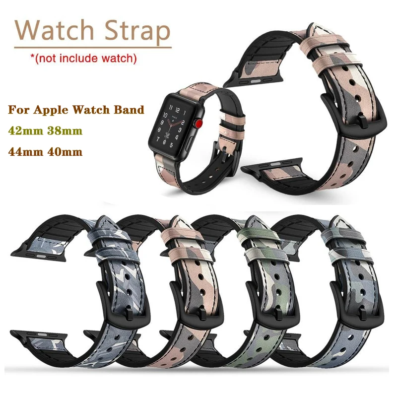 Ремешок Камуфляжный кожаный для Apple Watch band 44/40/38/42 мм силиконовый браслет IWatch series 4 3