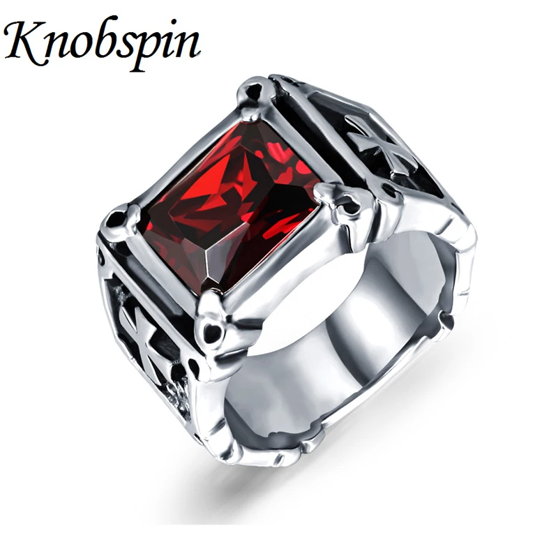 

High quality Punk Never Fade Titanium Steel Rings For Men Red Black Natural Stone Ring Men Big AAA CZ Wedding Cross Jewelry