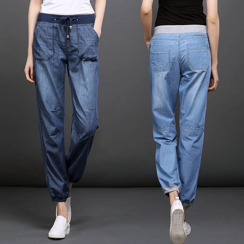 

Dark blue Light blue Loose Women Thin Jeans Summer Stretch waist Vintage Casual Pants Large size Female ankle-length pants 4XL