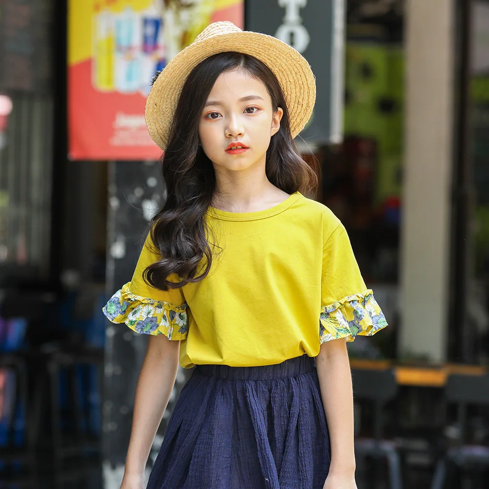 

2019 Summer Clothes For Girls Short Shirt Kids Teens Floral Cotton Children's T-shirt For A Teenager Girls Top 12 School Uniform