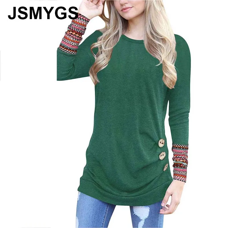 

JSMYGS Autumn New Plus Size Long Sleeve Shirt Women Round Neck Rags Casual Lady Button Decorative Tee Cotton Blend Shirts Tops