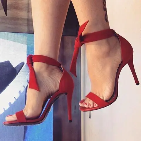 

newest open toe high heel sandal 2017 red suede lace-up thin heels sandal for woman Rome style butterfly-knots sandal