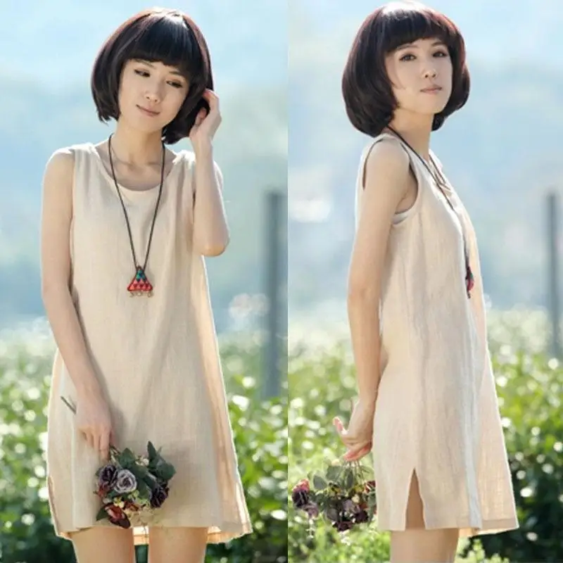 

2017 New Summer Women Sleeveless O-neck Mini Dress Cotton And Linen Vintage Mori Girl Style Tank Dresses Vestidos
