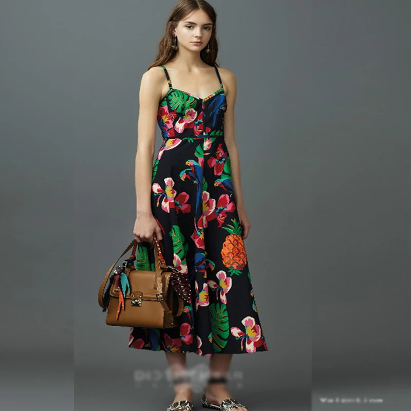Ky Q 2017 summer beach women boho Slip dresses sexy spaghetti strap parrot floral print mid