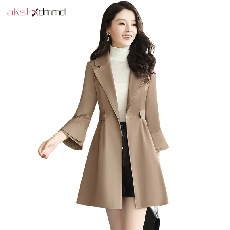 

AKSLXDMMD Women Spring Autumn Vintage Trench Coat 2019 Fashion Female Solid Trench Coats Casual Slim A-Line Long Coat YR008