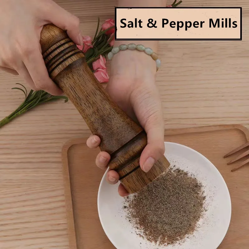 

Salt and Pepper Mill Oak Wood Pepper Spice Mill with Adjustable Grinder Set Handheld Seasoning Mills Grinder Cooking BBQ Tools