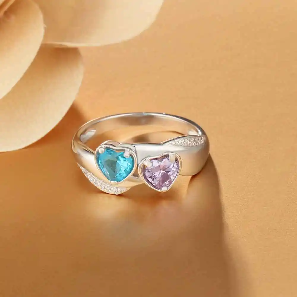 Heart Birthstone Personalized Engrave Name Promise Ring 925 Sterling Silver Anniversary Jewelry Gift For Her (JewelOra RI103261)