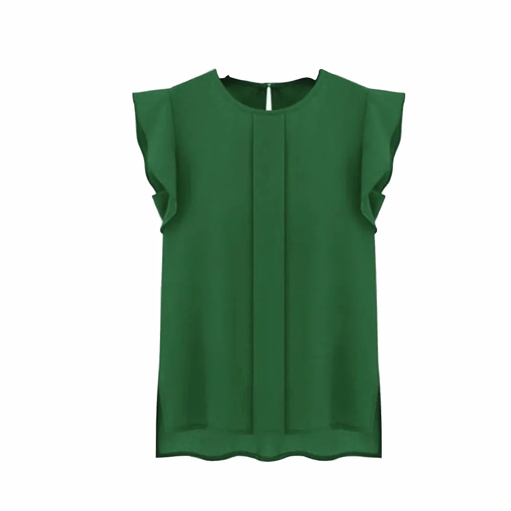 Women Casual Loose Chiffon Tops Office Ladies Short Tulip Sleeve Solid O Neck Blouse Shirt Tops