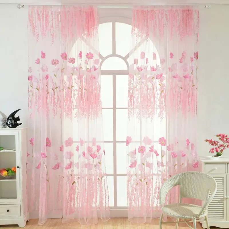 Цветочная оконная занавеска s, прозрачная вуаль, тюль для спальни, гостиной, балкона, кухни, с рисунком тюльпана, занавес от солнца - Цвет: Розовый