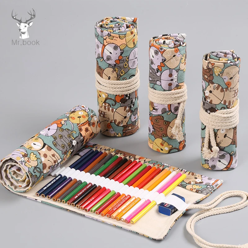 

12/24/36/48/72 Roll Pencil Case Kawaii Flower Cat Canvas Pen Bag Penal for Girls Boys Large Pencilcase Penalties Box Stationery