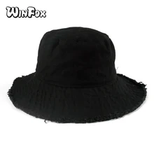 Winfox новые летние Черные Серые верблюжьи однотонные джинсовые холщовые шапки Gorro Pescador с большими полями и бахромой для мужчин и женщин