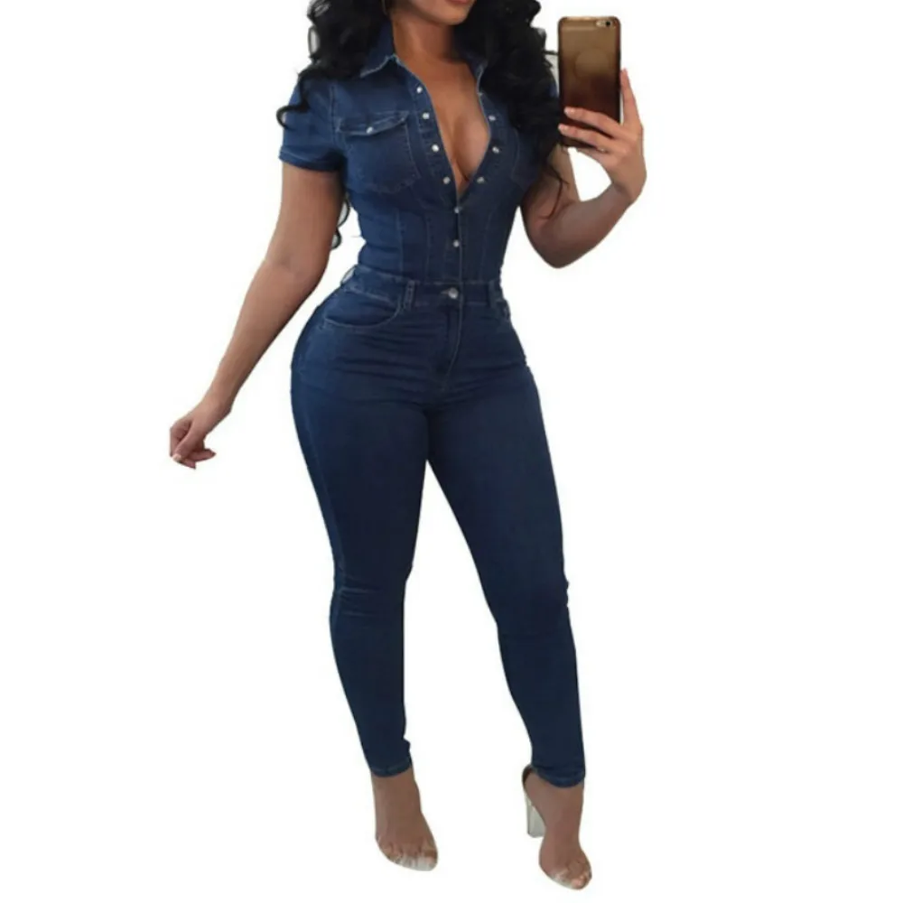 

Women's fashion Denim Jumpsuit overalls Summer Ladies short sleeves turn down collar Bodycon Jumpsuits slim Rompers bodysuits
