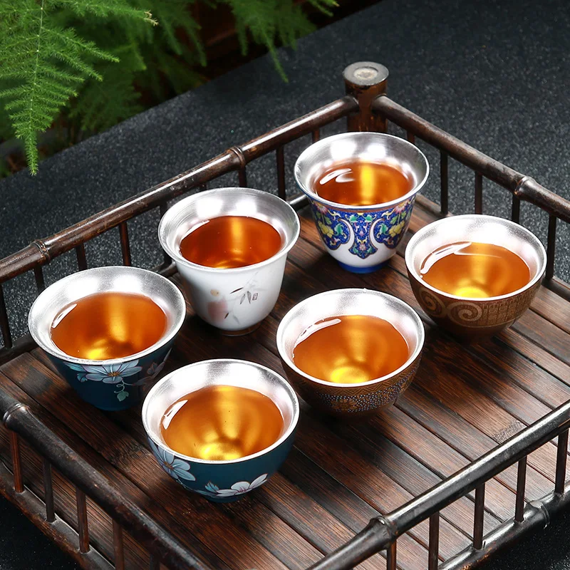 

Blue and white grilled flower silver cup sterling silver master cup large handmade kunfu tea small cup single