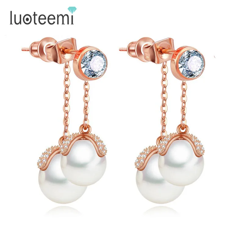 

LUOTEEMI Romantic Sea Shell Imitation Double Pearls Pendant with Singer Round CZ Crystal Drop Earrings Vintage Dangle Brincos