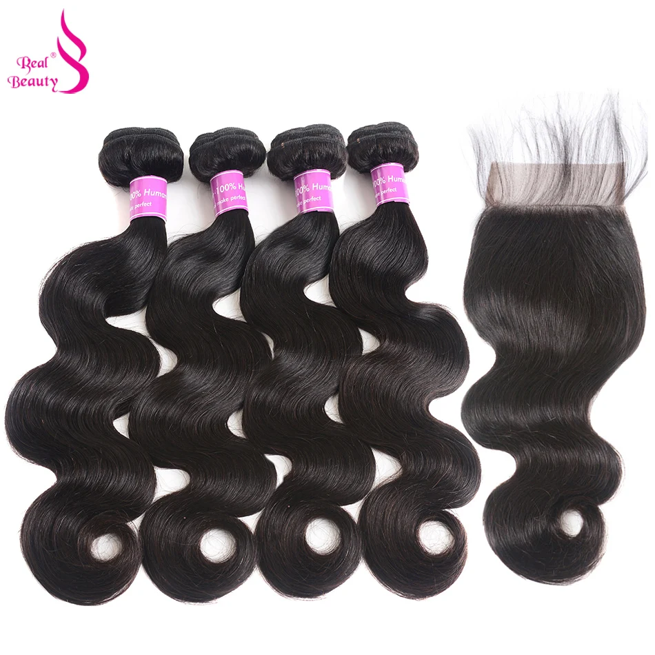 4 Bundles Brazilian Body Wave Hair With Closure Natural Color Non-Remy Real Beauty Human Hair Bundles With Lace Closure  (2)