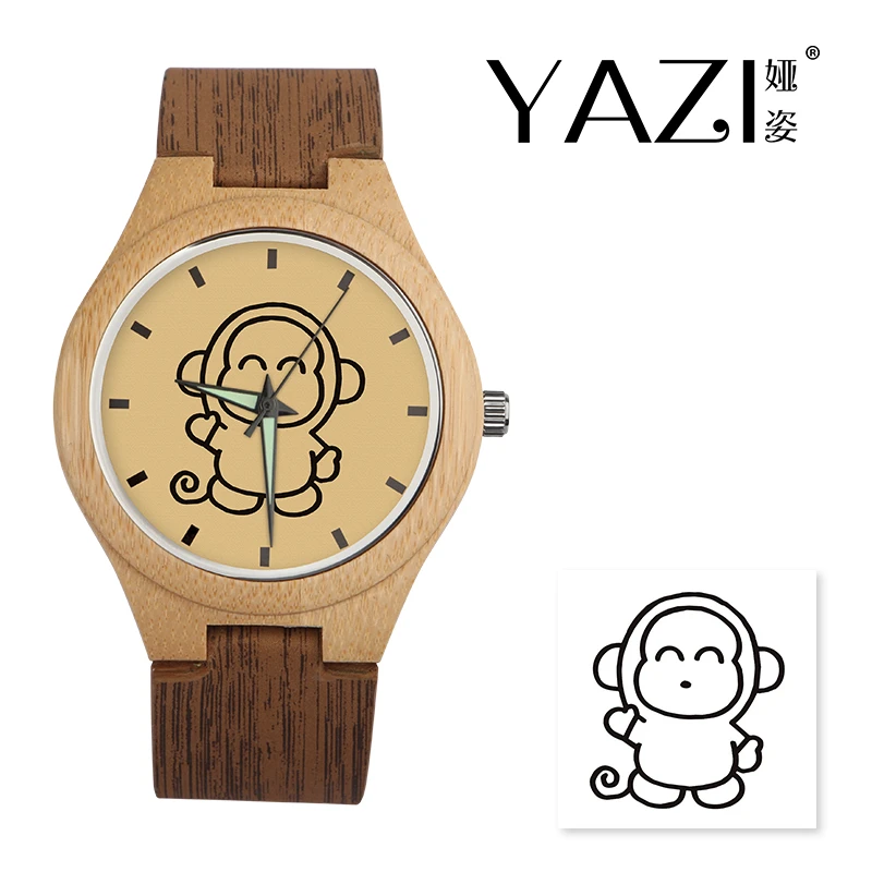 

YAZI Personalize Wooden Watch Cute Monkey Logo Watches Natural Bamboo Wood Case Wrist Watches Wood Stripe Band Memory Gift