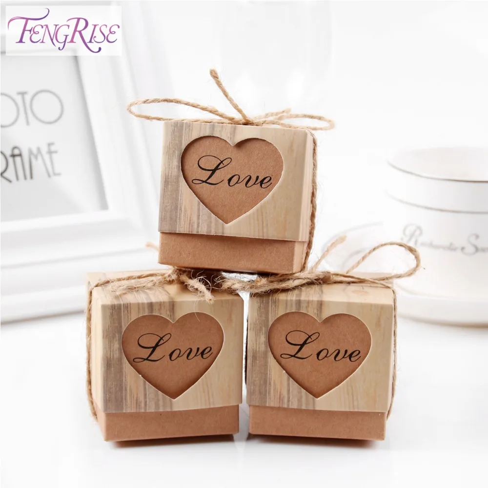 FENGRIS 50pcs Heart Candy Boxes Romantic Wedding Gifts For Guests Kraft Boxes Rustic Burlap Twine Birthday