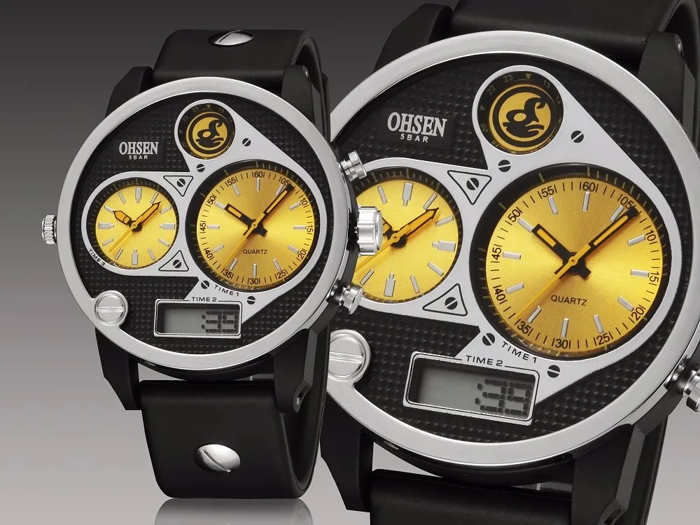 OHSEN цифровой бренд кварцевые мужские модные наручные часы montre homme две зоны дисплей резиновый ремешок желтый крутые спортивные водонепроницаемые часы