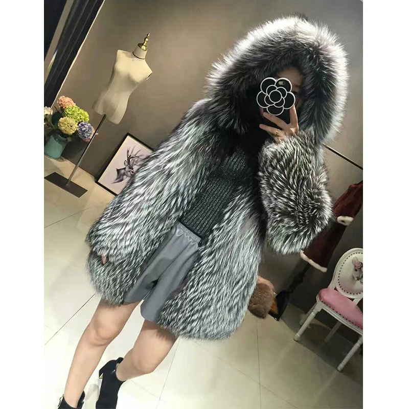 FURSARCAR Fashion Luxury Real Fur Coat Silver Fox Fur Coats Genuine Leather Women Overcoat Winter Thick Warm 70cm Long Clothing Coats