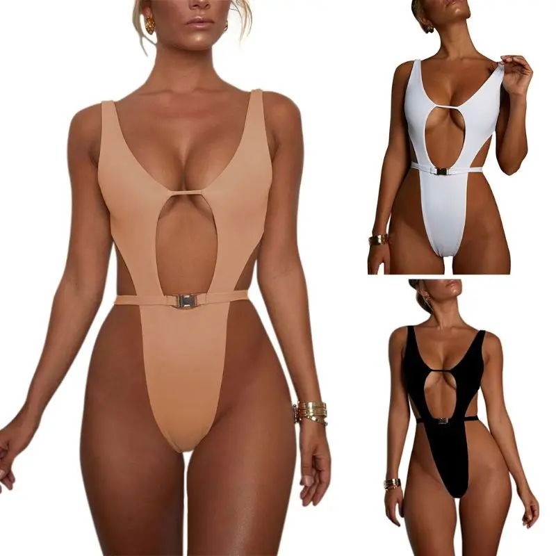 

Womens Sexy One Piece Bikini Plain Solid Color High Waist Monokini Metal Quick Release Buckle Hollow Out Swimsuit Backless Slim
